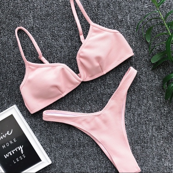 🆕V Neck & High Waist Bikini Set Swimwear Pink - Picture 2 of 3